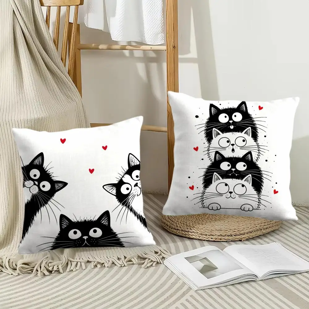 Cute Black White Cartoon Cat Cushion Cover Pillow Case Short Plush Square Throw Pillow Covers Pillowcase Sofa Home Decor Gift