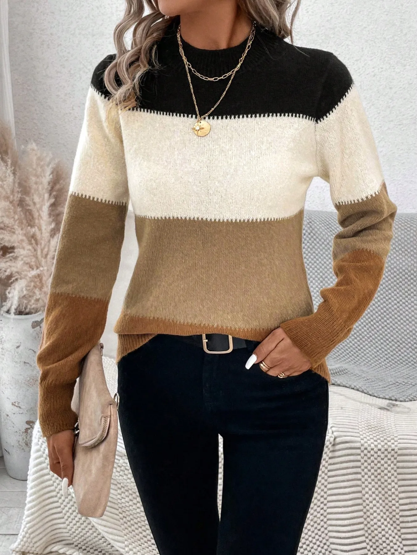 Damen Slim Fit Farbblock-Strickpullover mit Rundhalsausschnitt und Langen Ärmeln für Herbst und Winter Alltägliches Tragen