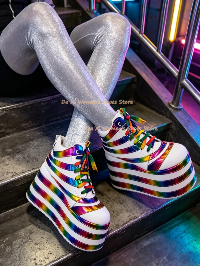 White Rainbow Holographic Platform Sneakers Super High Layered Chunky Sole High Top Lace‑Up Shoes Rave Festival Cosplay Party