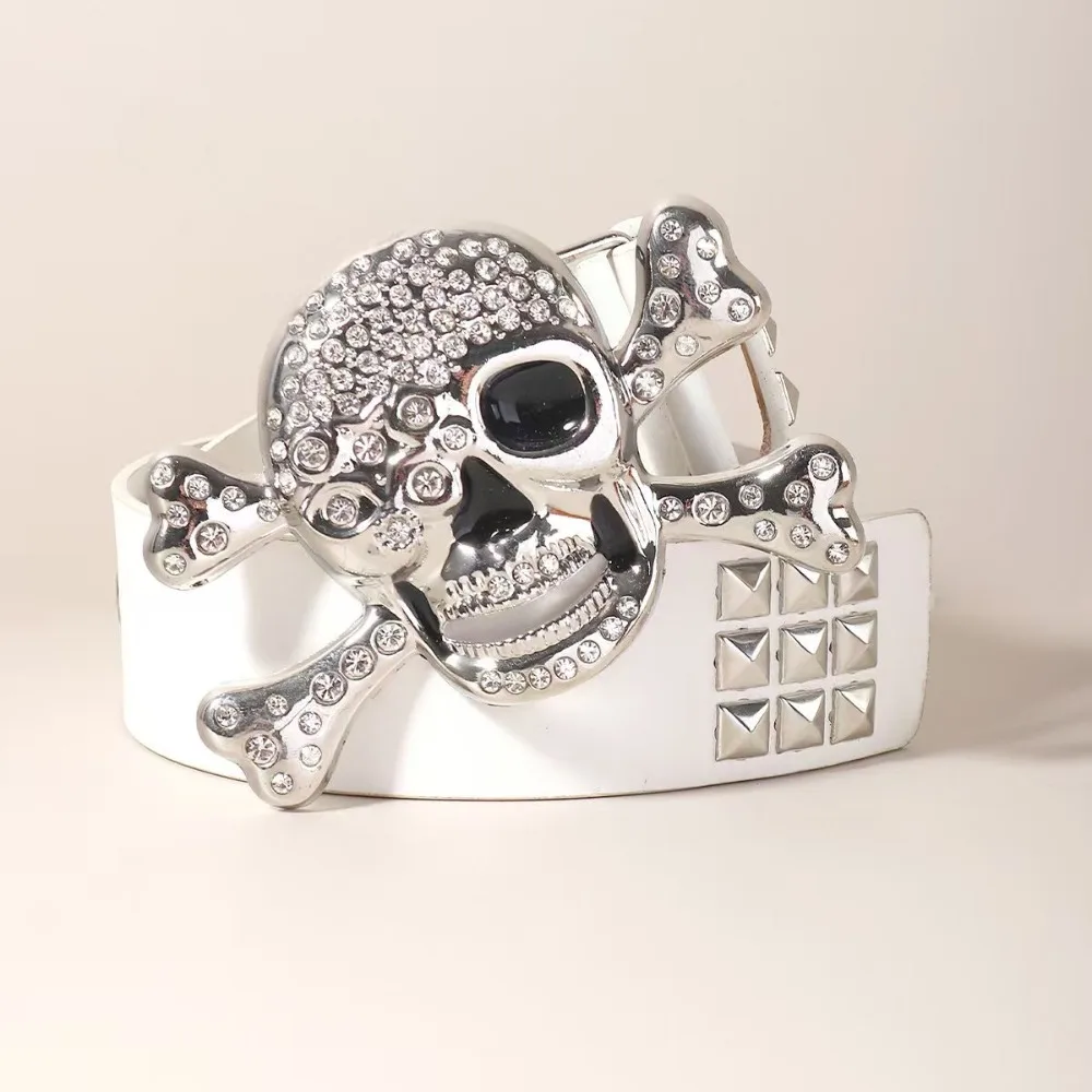 

Ремешок с пряжкой и стразами, широкий пояс с черепом, регулируемый черный ремень Y2K с заклепками, черный мужской ремень из искусственной кожи со скелетом