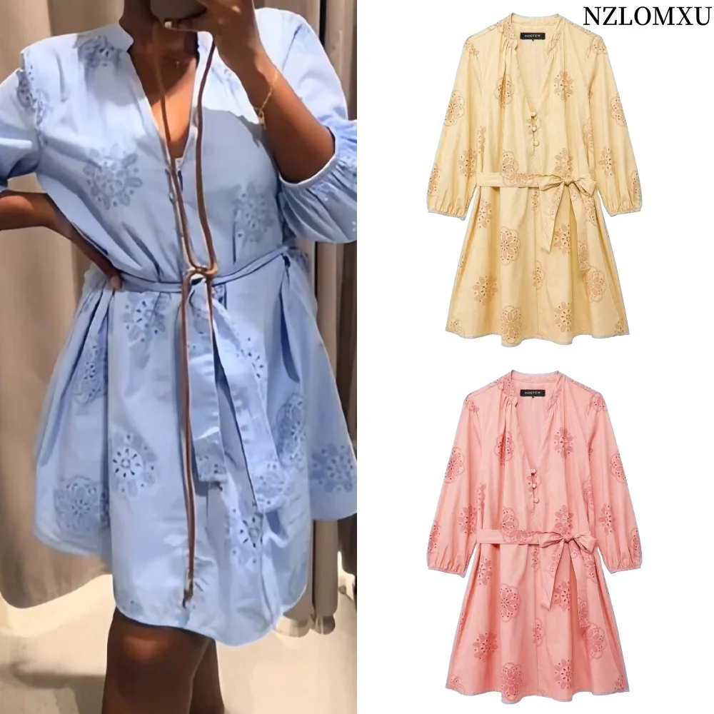 فستان نسائي طويل الأكمام على طراز الشاطئ لعام 2024 فستان نسائي سادة أزرق على شكل حرف v مطرز بحزام برباط مفرغ فستان قصير للعطلات #1