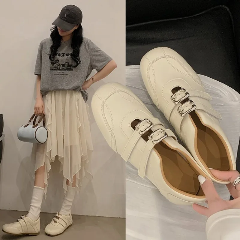 Fashion Women Round Toe Double Metal Buckle Flat Loafers Soft Faux Leather Casual Daily Commuter Walking Shoes Ladies Red Beige view 2