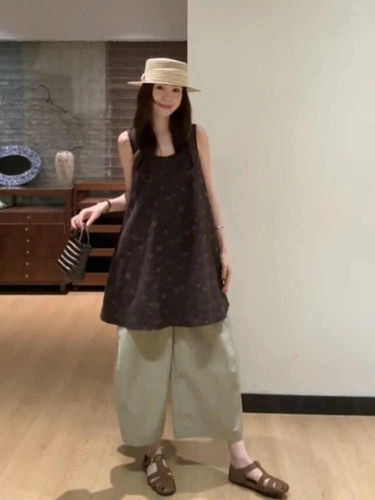High Waist Wide Leg Casual Pants Women's Loose Fitting Artistic Style Summer 2026 Slimming Versatile Short Size Nine Points