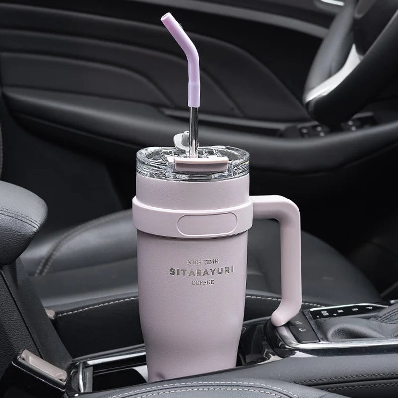 Botella de agua de acero inoxidable con pajita, taza aislante de gran capacidad, taza portátil para coche, taza de viaje para café, utensilios para beber