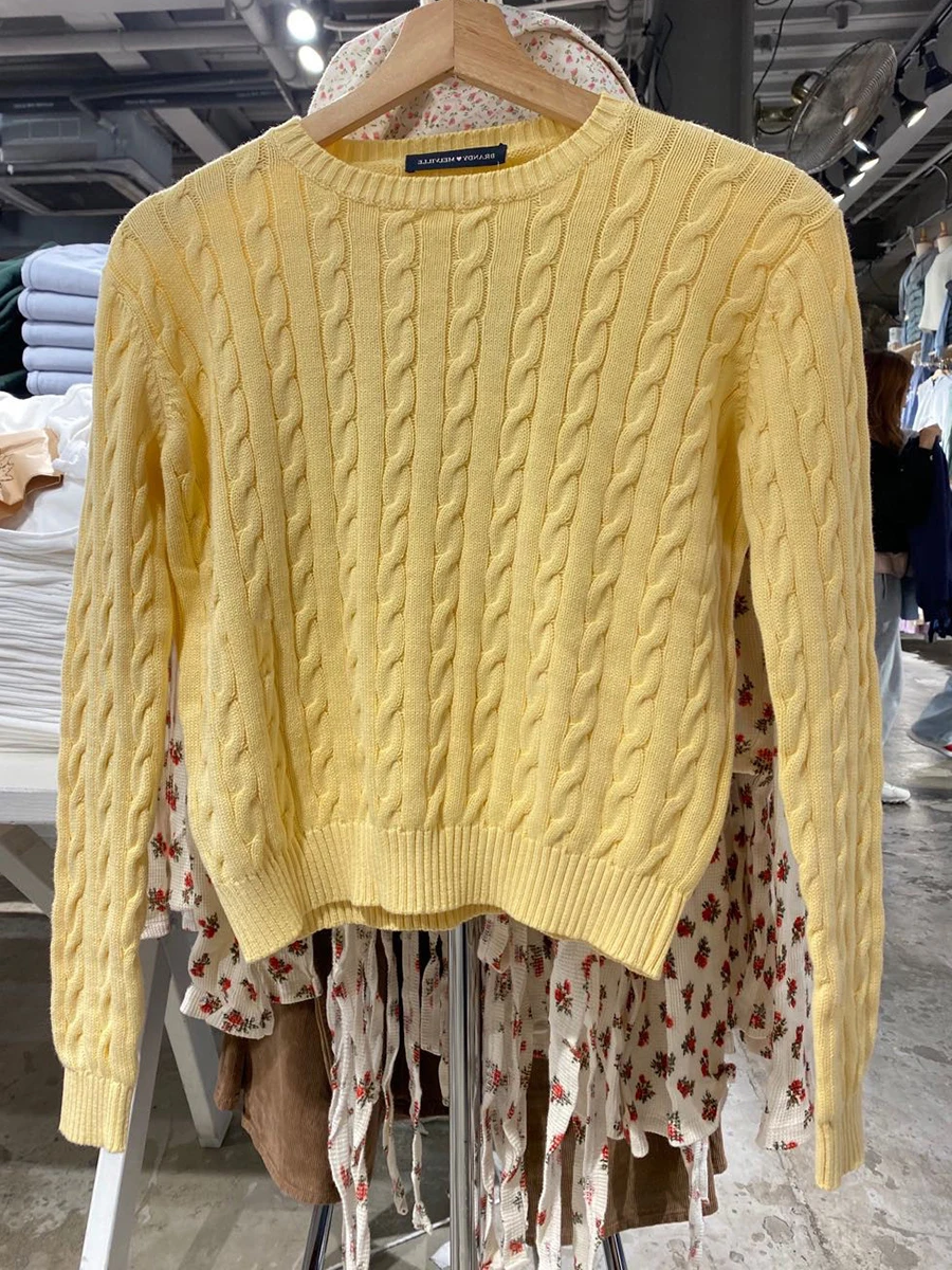 Zoete gedraaide gebreide O-hals trui dames herfst geel katoen warm streetwear slanke esthetische trui top schattige vintage trui Y2K