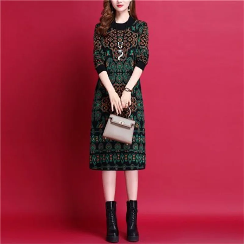 

Women Clothing Jacquard Knitted Wool Dress Winter Female Thick Comfortable Retro Fashion Sweater Tunics