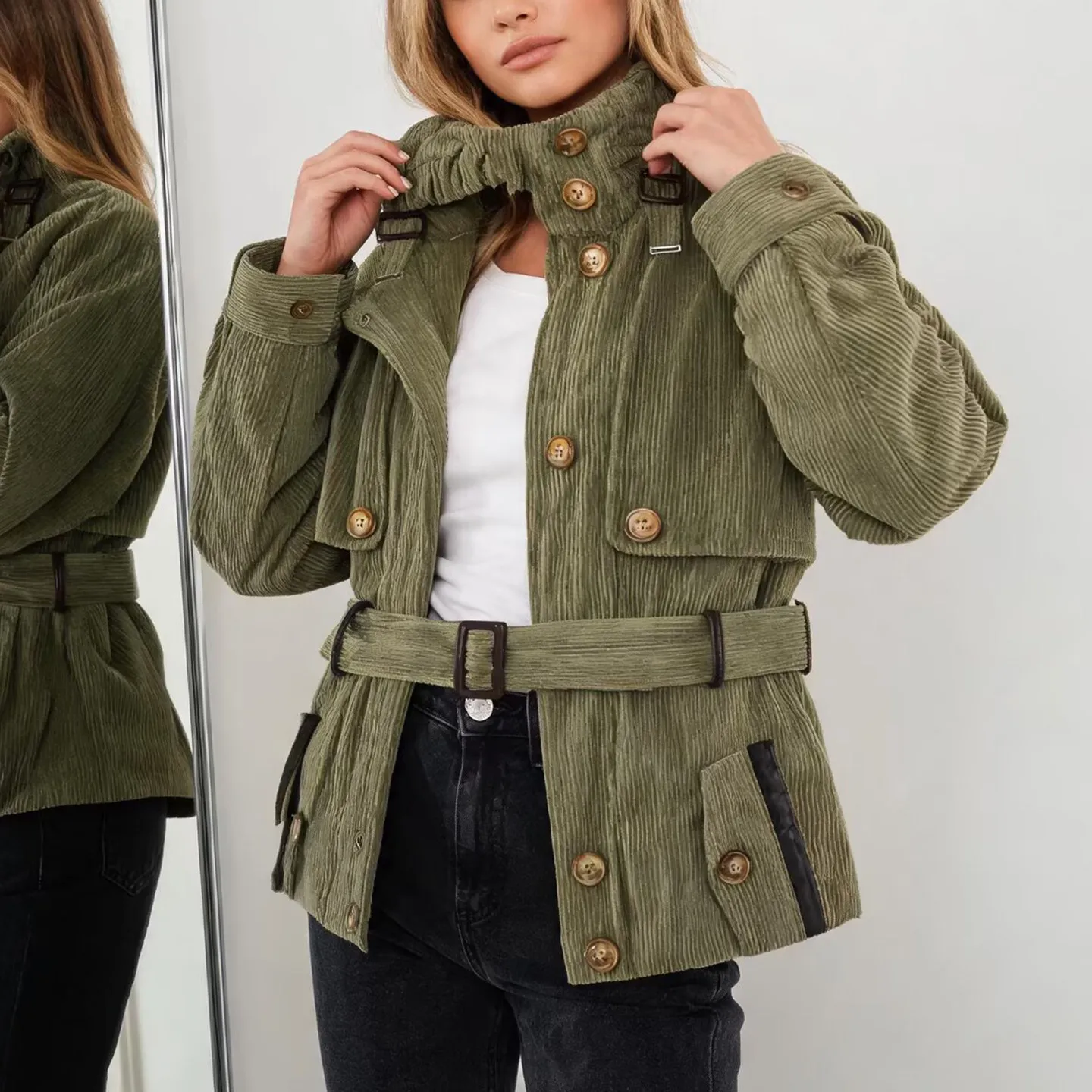 Fashionable Retro Stand Collar Workwear Jacket with Belt Women's Autumn Outerwear Elegant Money Style ZADATA Standard Fit