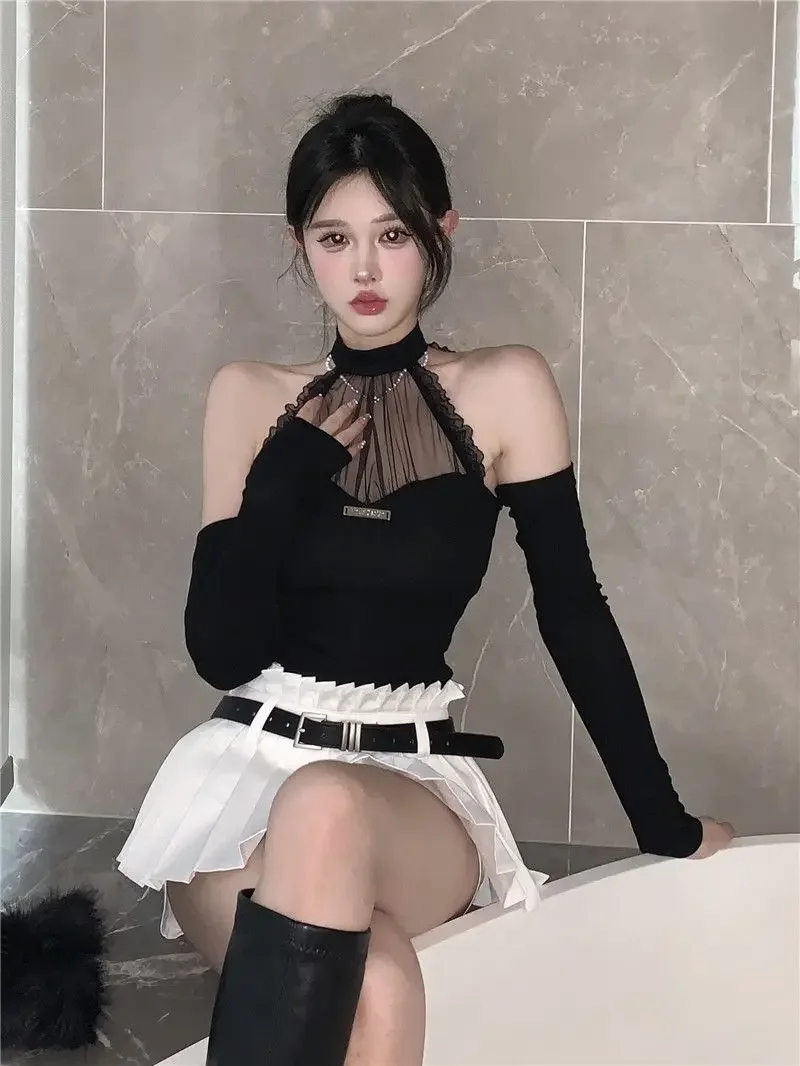 Weiße rückenfreie koreanische Mode-Tops für Damen, Spitze, Vintage-Designer, schlanke Bluse, weiblich, hängender Hals, elegante lässige Bluse, Herbst 2025,