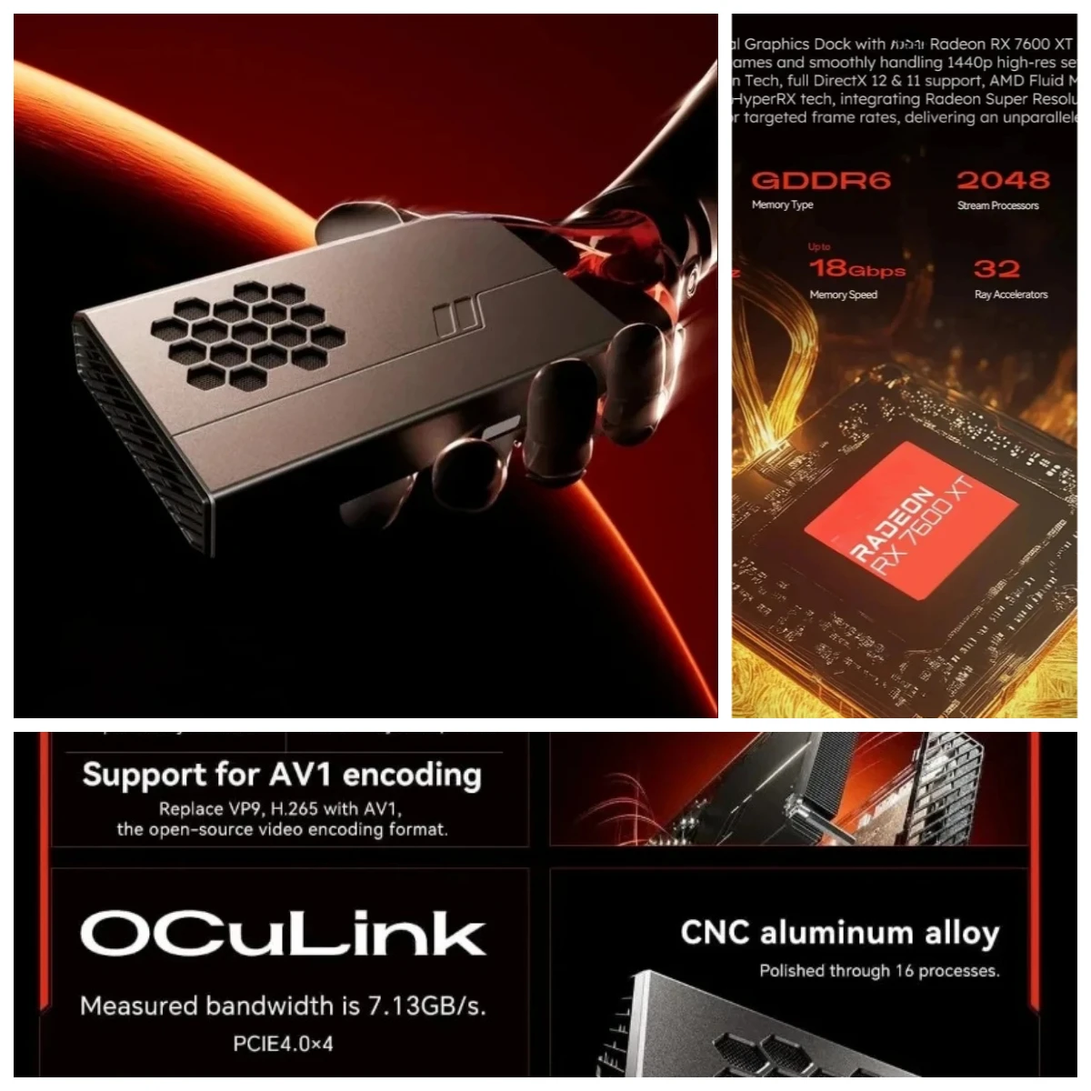 Graphics Card RX 7600XT 8GB GDDR6 RDNA3 Architecture 2300MHz OCulink PCI4.0x4 USB4 240W PC Power Supply