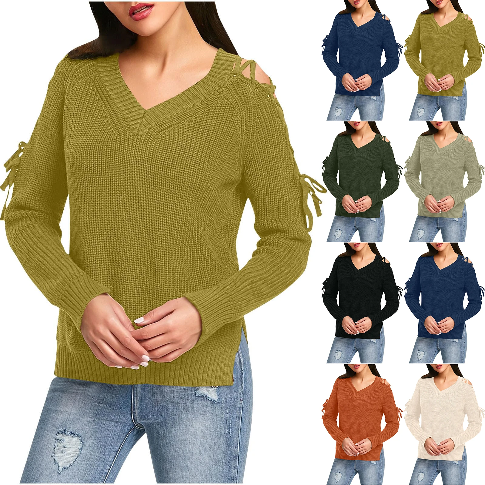 Sweter Rajut Wanita Kerah V Ikat Depan Lengan Panjang Model Longgar Pullover Pakaian Wanita untuk Musim Gugur