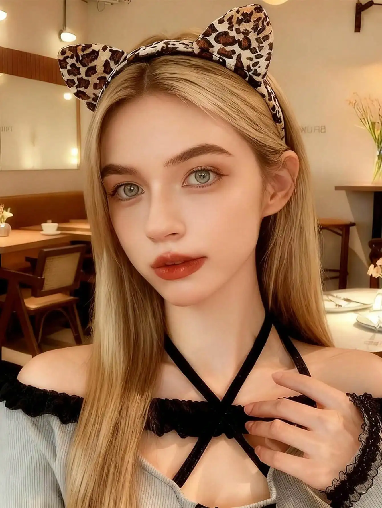 

1pc Women's Korean Style Leopard Cat Ear Headband - Elegant High Crown, Versatile for Holidays/Parties & Daily Wear