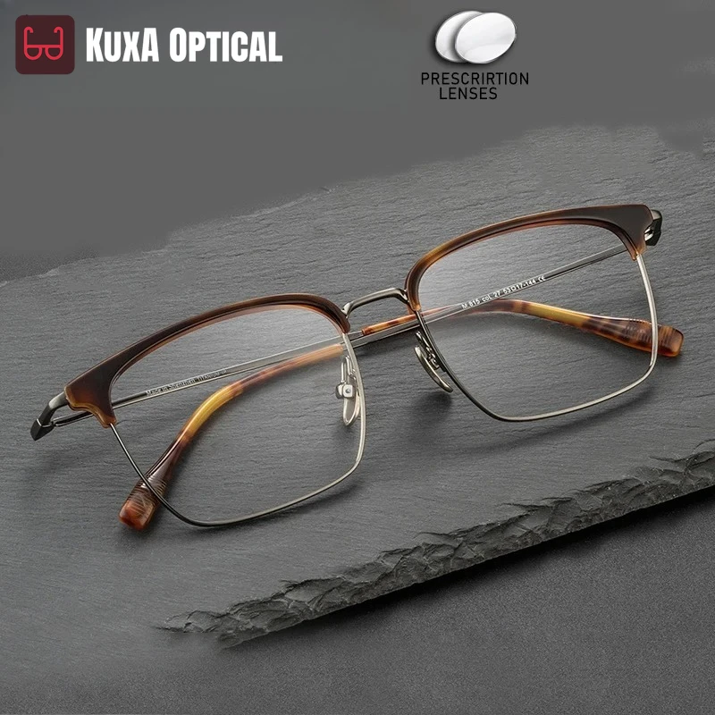 

KUXA Retro Acetate Pure Titanium Prescription Glasses Men Recipe Myopia Hyperopia Lenses Progressive Correct OpticalEyeglasses