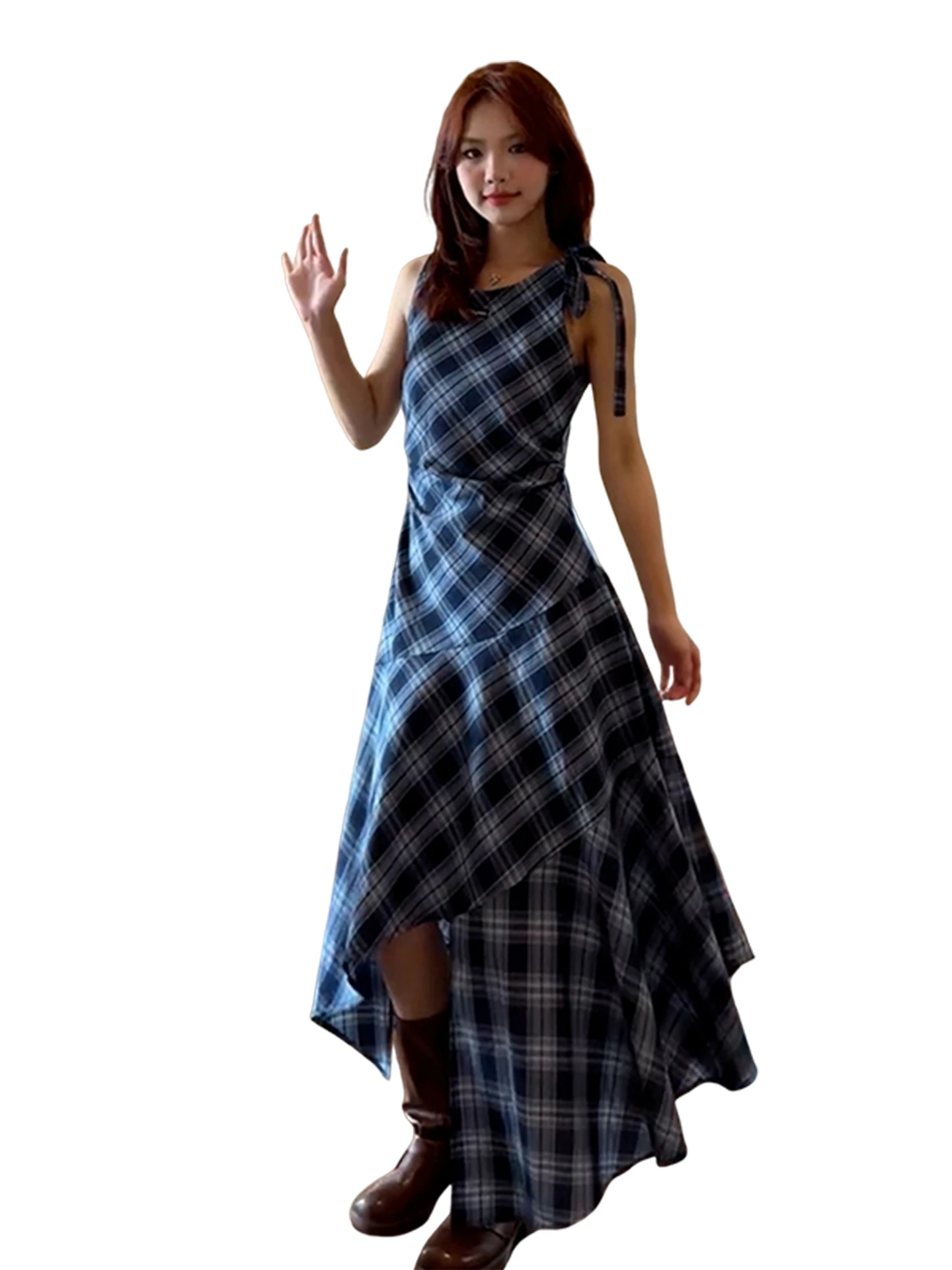 Colete francês sle xadrez svel dr feminino outono inverno emagrecimento longo dr cintura-concha faionable dr