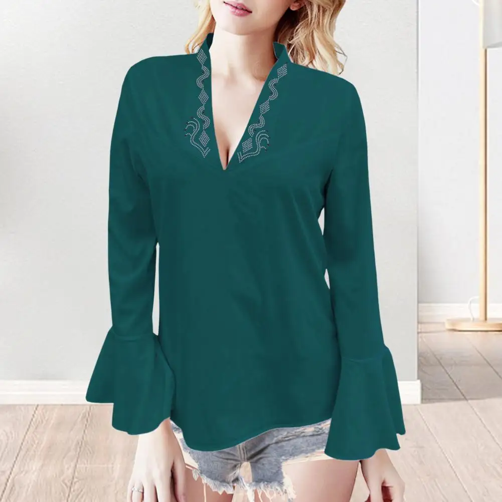 Topy damskie V-Neck Długi rękaw Ruffle Cuffs Casual Shirt Solid Color T-shirt Loose Fit Work Party Vacation Blouse Женская Куртка