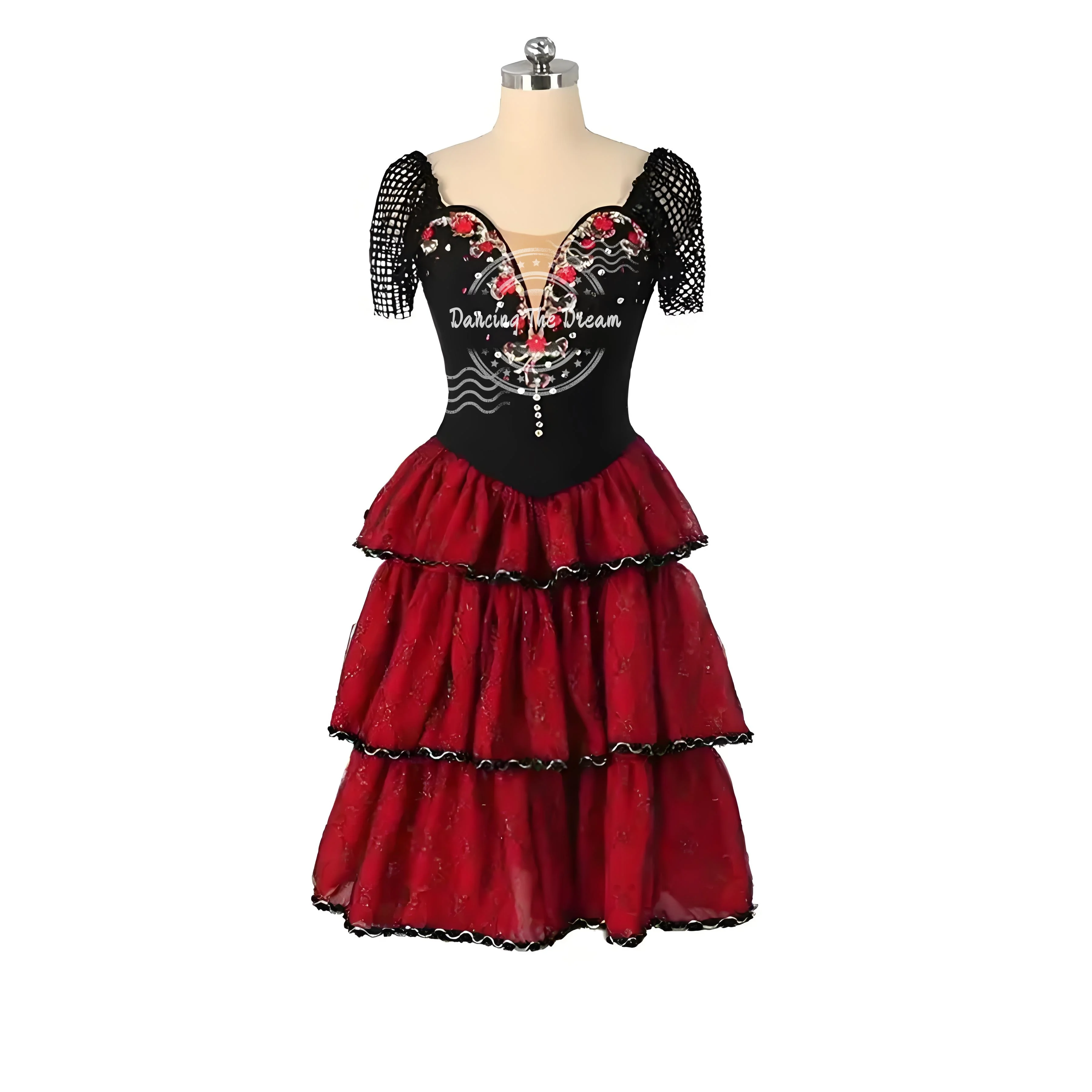 

Glamorous Black - Red Tiered Floral Embroidered Ballet Dress Luxurious Red - Black Floral - Embroidered Tiered Ballet Gown