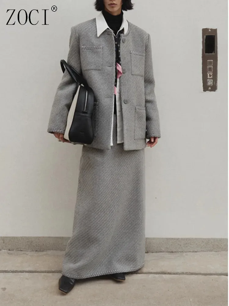 

ZOCI Women Jacket O-neck Single Breasted Multi Pocket Design Coat With High Waist Solid Color Skirt 2025 Spring New FC1204