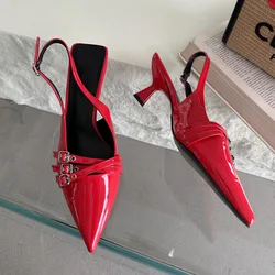 Big Size Female Pointed Toe Footwear Red Pumps Medium Heels Shoes For Women New In 2024 Fashion Metal Buckle Ladies Heels Shoes