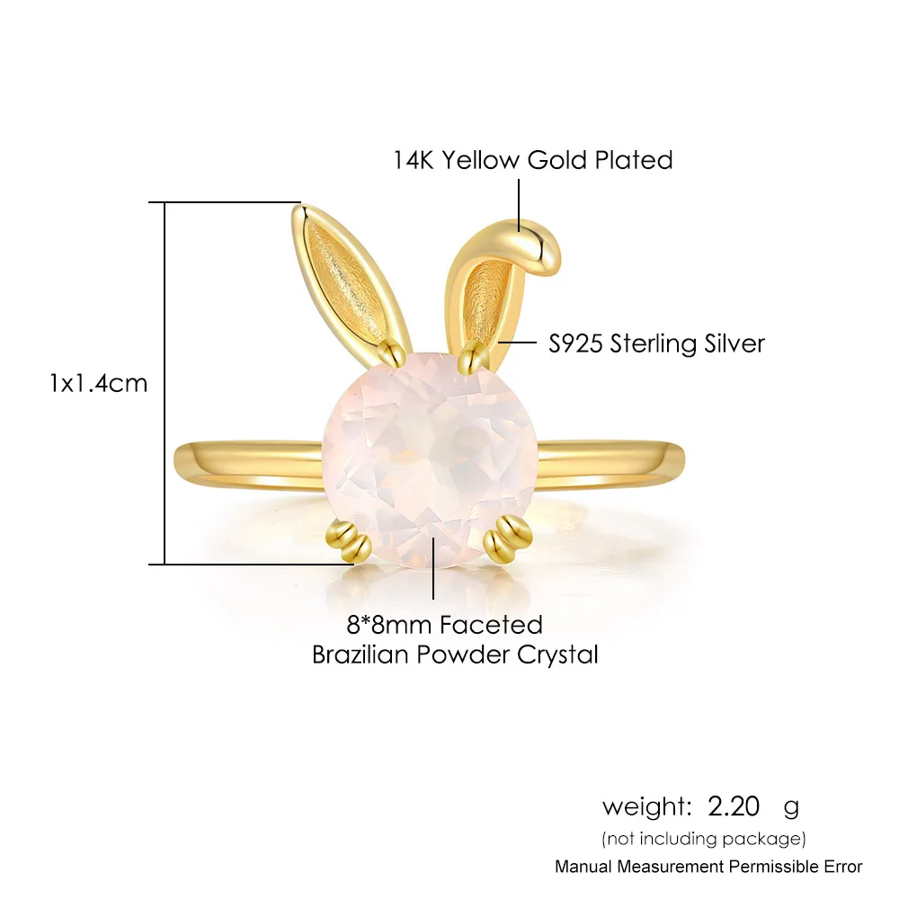 لامون الطبيعية روز كوارتز خاتم الأحجار الكريمة للنساء أرنب جميل 925 خاتم فضة 14K مطلية بالذهب غرامة مجوهرات هدية RI123
