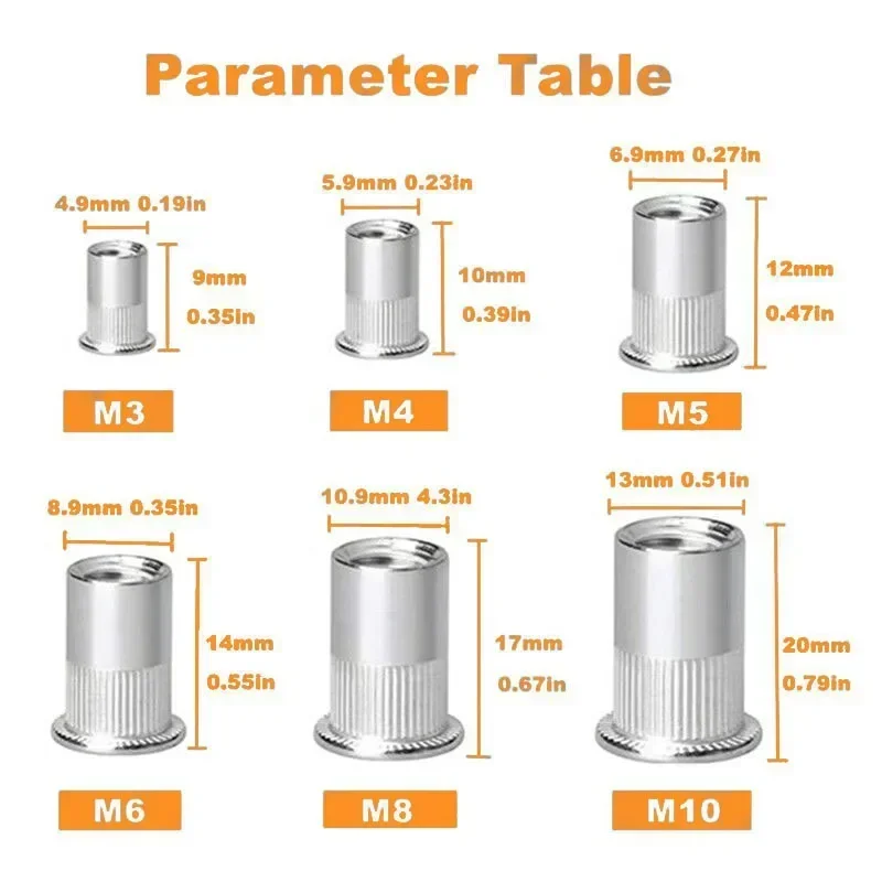 205 pz 304 Inserto In Acciaio Inox Rivetto Dado Testa Piatta Filettato Rivnut Nutsert M3 M4 M5 M6 M8 M10 per la Riparazione di Mobili Automotive