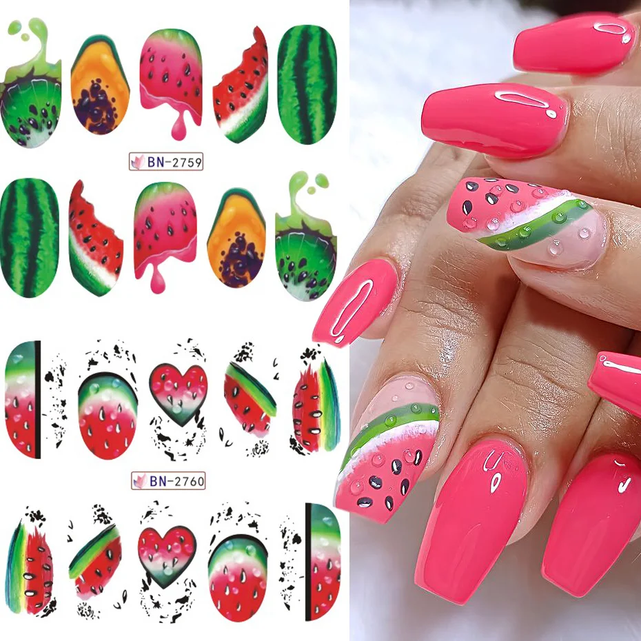 12 Design Tropical Fruit Water Transfer Nail Sticker Watercolor Cartoon Lemon Watermelon Strawberry Decals for Nail Art Decor