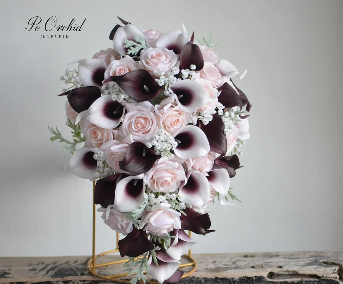 PEORCHID Faux Flowers Cascade Wedding Bouquet Burgundy Real Touch Calla Lily Rustic Boho Blush Pink Bridal Artificial Bouquet