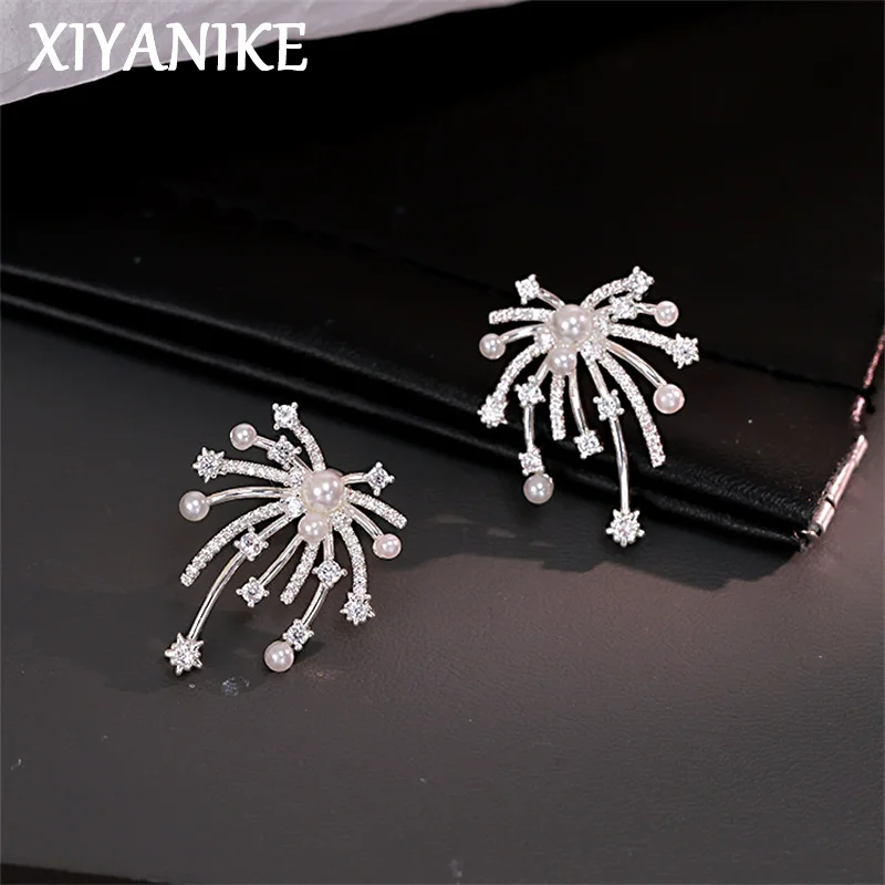 

XIYANIKE Sparkling Rhinestone Firework Pearl Tassel Stud Earrings For Women Lady Fashion New Jewelry Gift Party серьги