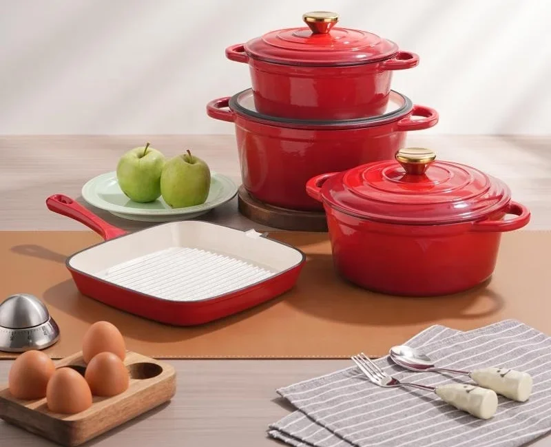 Home and kitchen cast iron enamel cooking pots, pans, and non stick cookware sets are perfect for household use