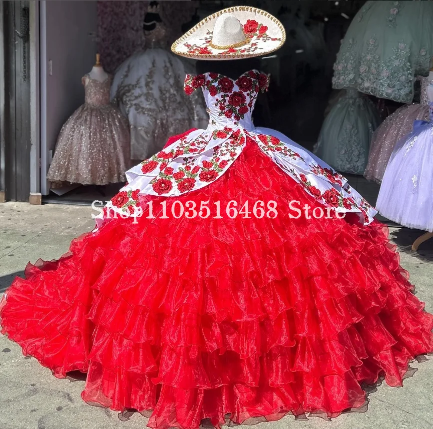 

Красное мексиканское Charro платье принцессы Quinceanera 2024 элегантное на одно плечо 3D Цветочная аппликация корсет кружево 15 Выпускные платья