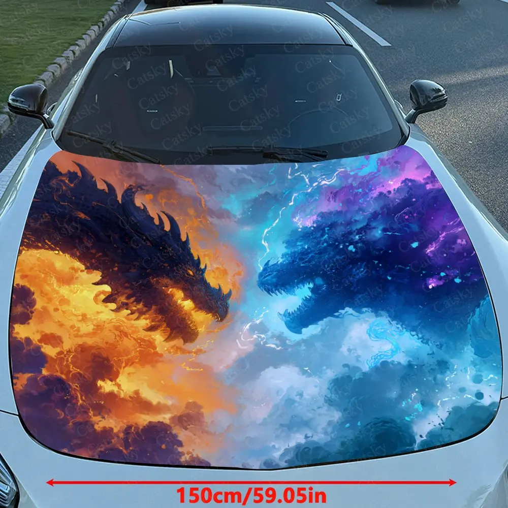 Dual Element Dragon Confrontation Car Hood Wrap Colorful Vinyl Waterproof Sticker For Trucks, Decorative Bonnet Graphics High Qu