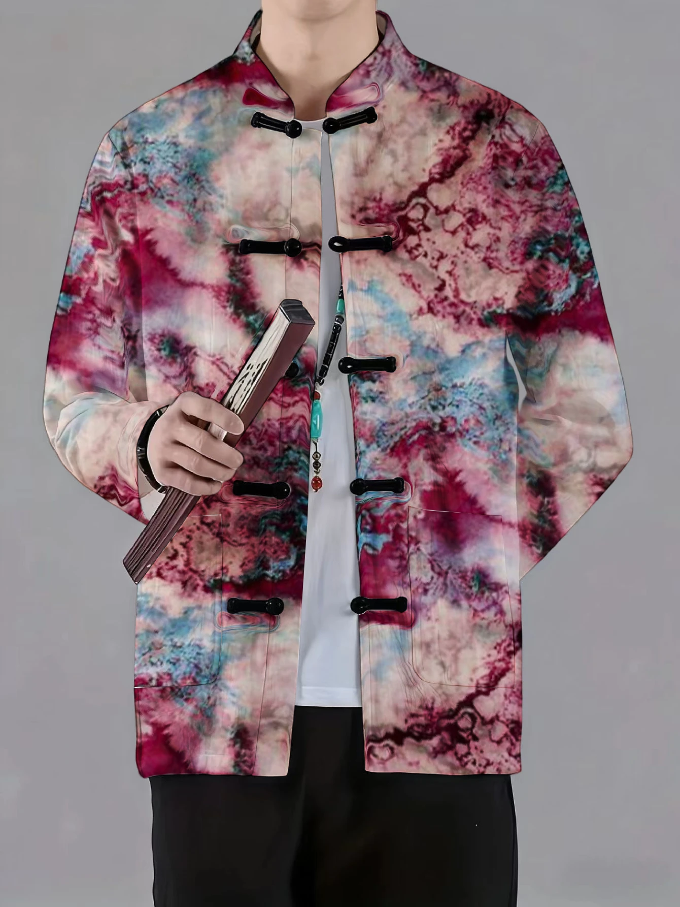Men Mandarin Collar Frog Button Jacket Patchwork Tie Dye Abstract Ethnic Print Traditional Outerwear