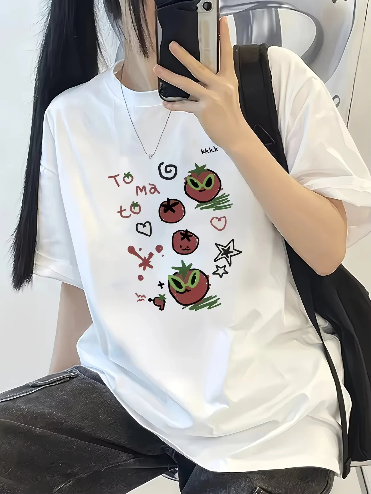 Unisex Cute Cartoon Tomato Graphic T‑Shirt Doodle Heart Star Print Short Sleeve Tee Y2K Casual Streetwear For Men Women