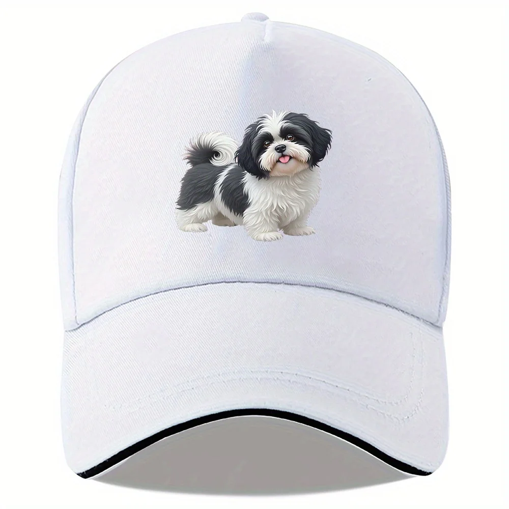 Black White Shih Tzu Dog Print Baseball Cap Adjustable Polyester Casual Outdoor Sports Headwear