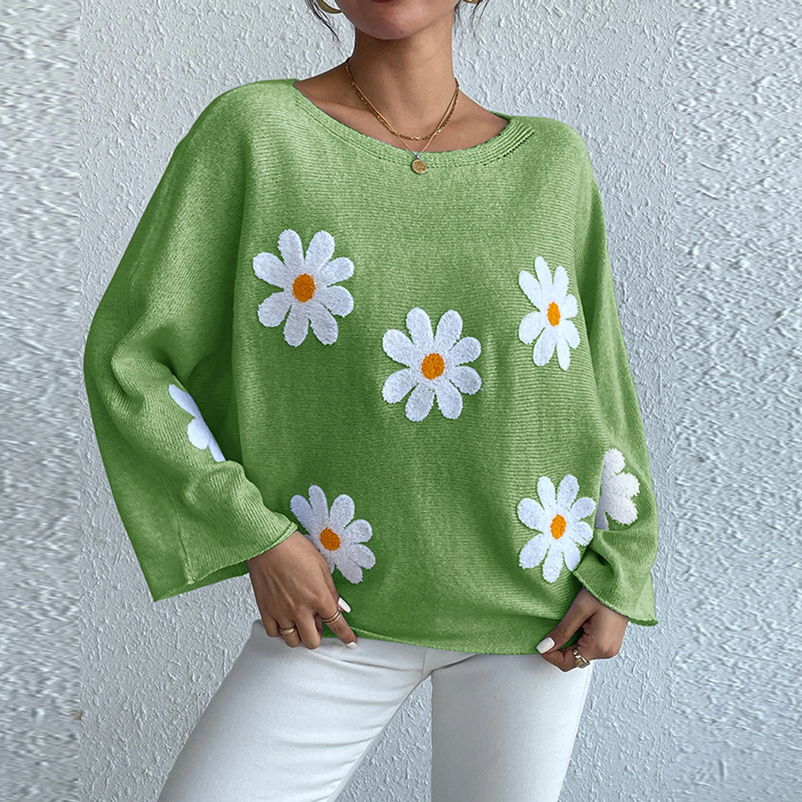 Pull en tricot esthétique à manches longues pour femmes, pulls brodés de fleurs douces, pulls à col bateau, pulls décontractés, Y2K, printemps et automne