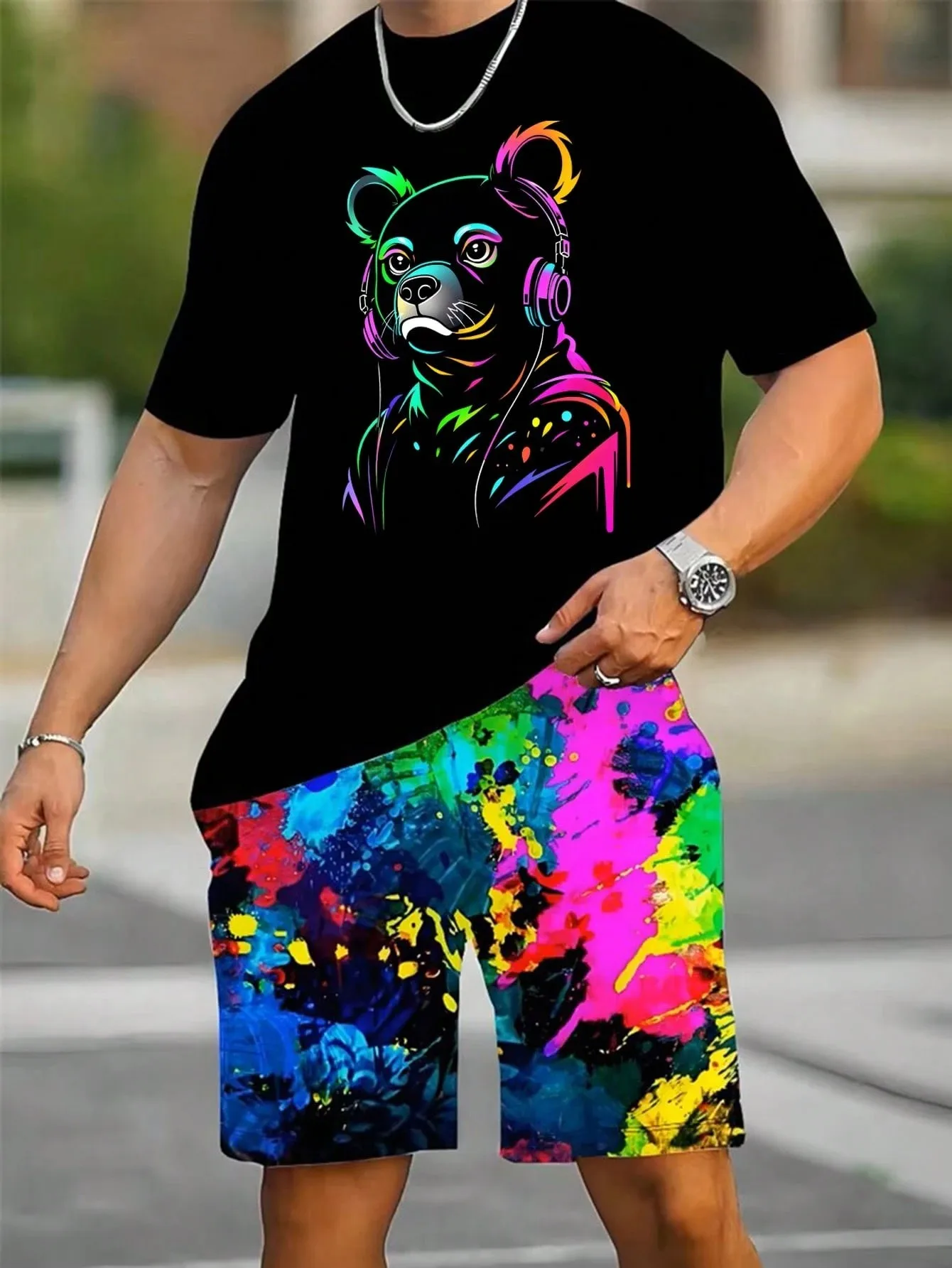 

2026 Summer New Men's Short-Sleeved Shorts Set with 3D Pattern Printing for Street Casual Fashion Comfortable and Soft