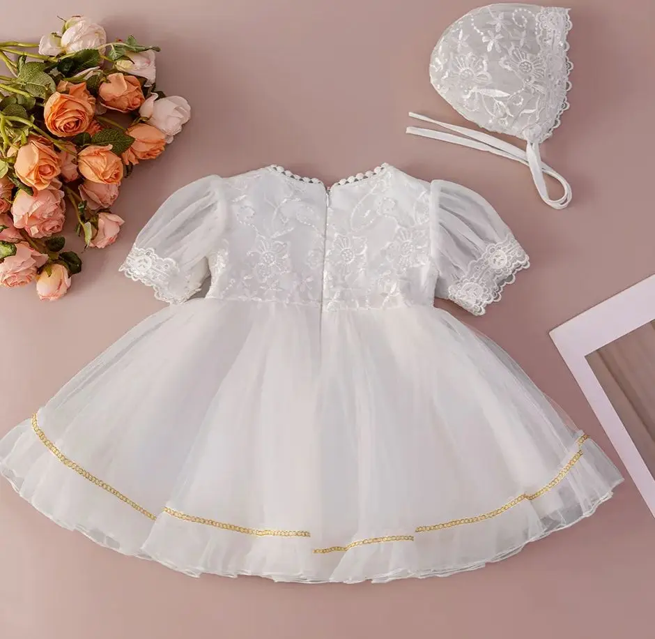 2 PCS Toddler Girl Christening Dress with Hat Baby Girls' Princess Tulle Dress Infant Outfit Cute Baby Clothes Set