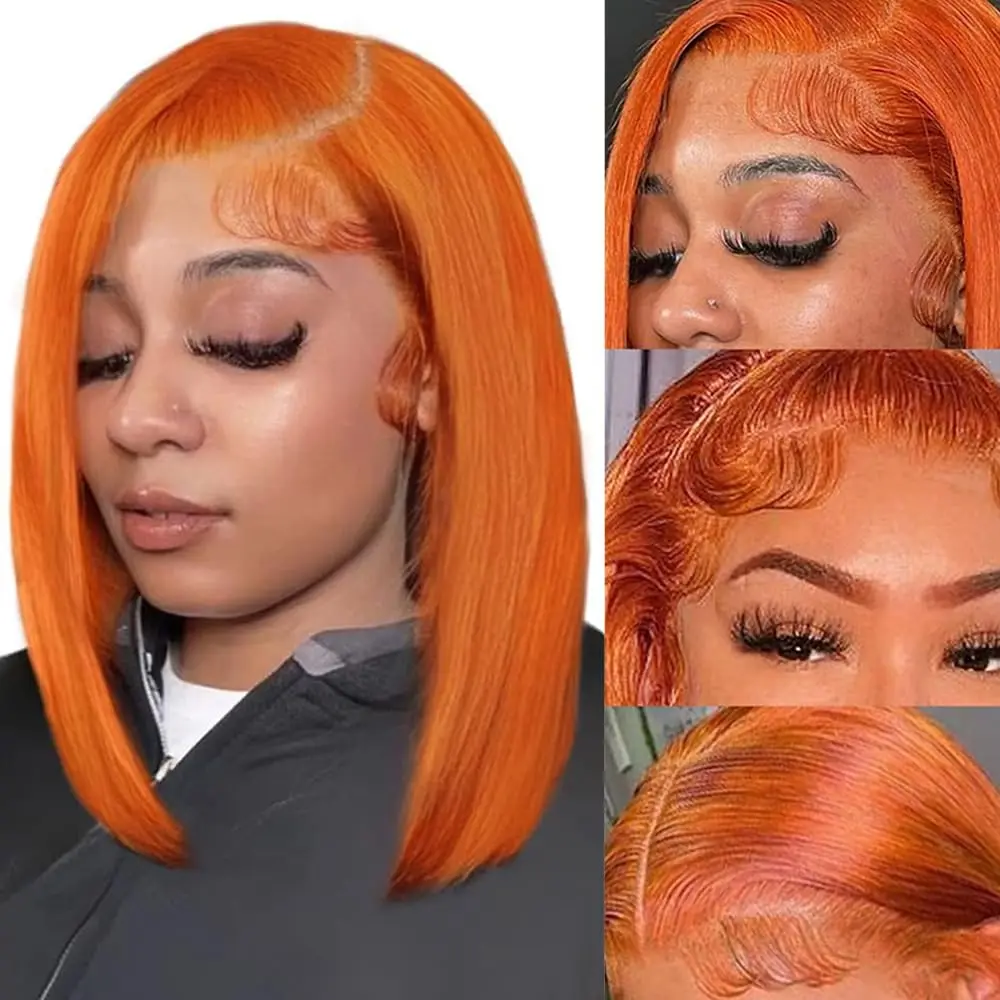 # 350 gengibre laranja perucas retas gengibre laranja 13x6 perucas dianteiras do laço transparente cabelo humano curto em linha reta perucas virgens brasileiras