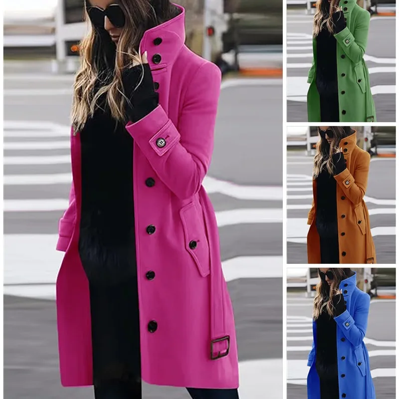 Autumn and Winter Large-size Woolen Women's Coat Single-row Multi-button Woolen Button-neck Coat