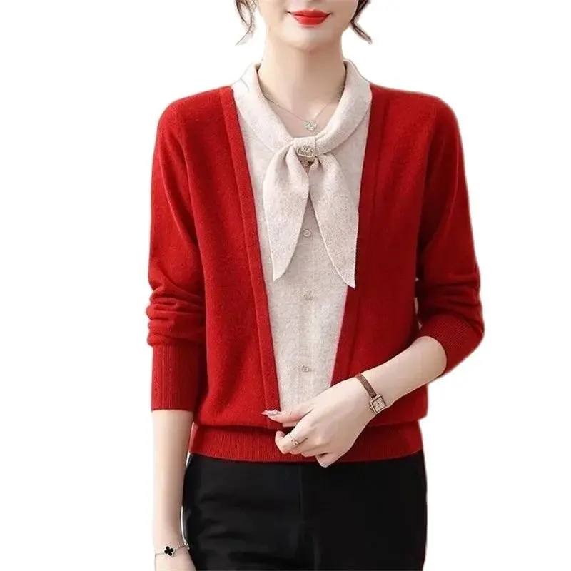 

New 2024 Spring Autumn Winter Sweater Women's Knitwear Bow Fake Two Pieces Fashion Elegance Soft Knitted Undershirt Top Female