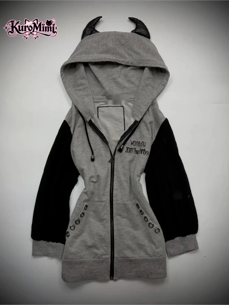 Women Y2K Vintage Zip Up Hoodie Contrast Sleeve Eyelet Trim Slim Fit Alt Grunge Streetwear Cyber Goth Punk Cosplay Top Harajuku