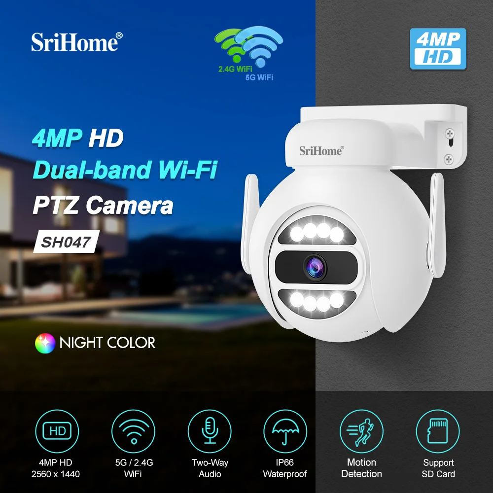 Srihome SH047 4MP PTZ Camera 2.4G/5G Wifi Waterproof AI Auto Tracking H.265 Video Surveillance Security CCTV PTZ Camera