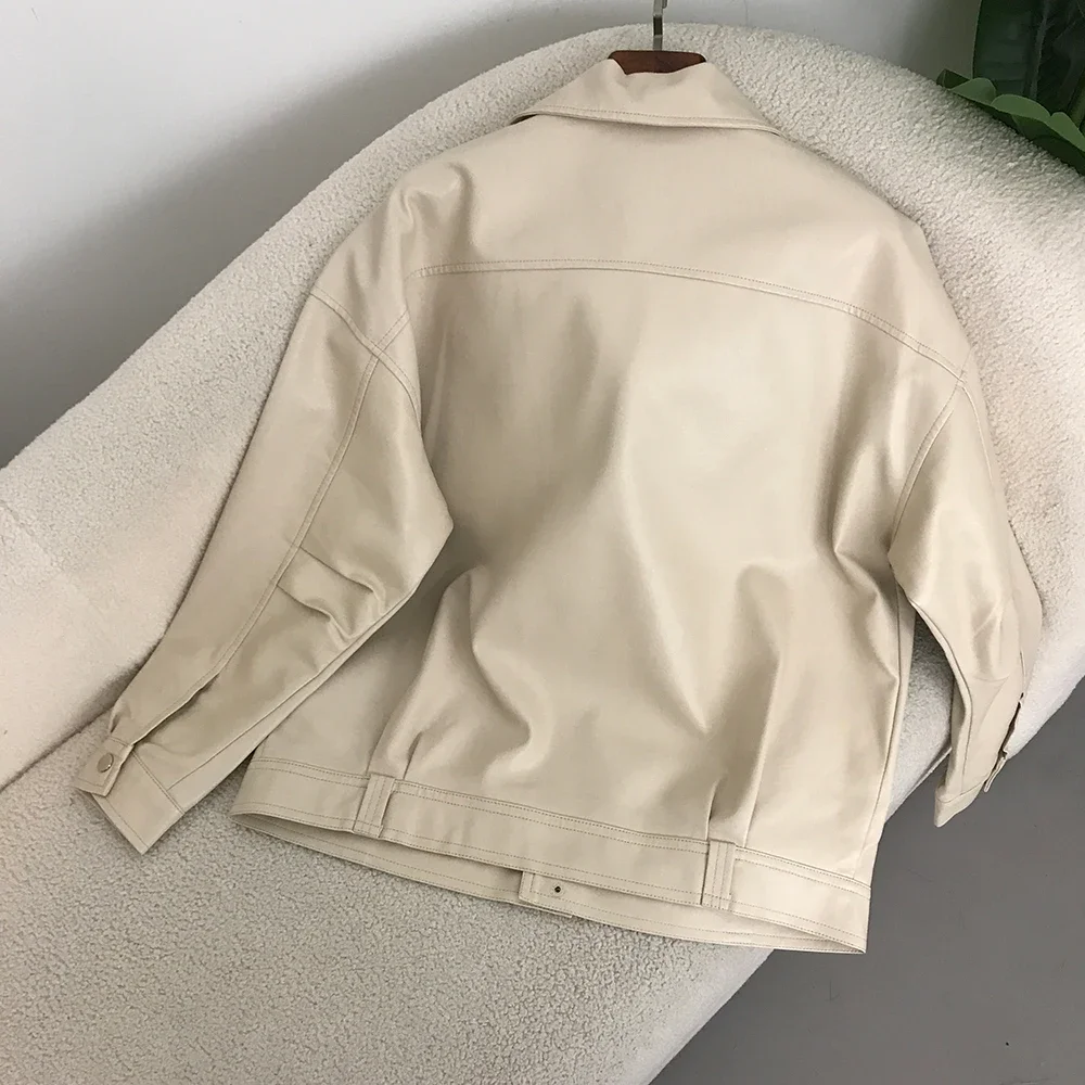 المرأة عارضة الشارع الشهير شيك ربيع جديد سحابات المتضخم معطف فو سترة جلدية بولي فضفاض فضفاض دراجة نارية السترات الإناث #4