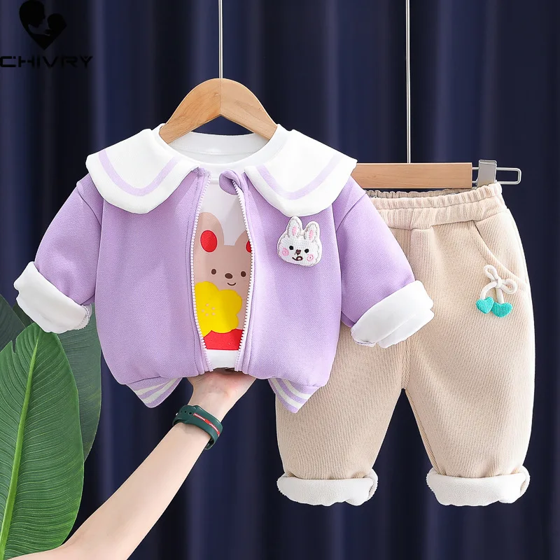 Neue Winter Baby Mädchen niedlichen Cartoon Kaninchen Revers Mantel Jacke verdicken Sweatshirt mit Hosen Kinder lässig dreiteilige Kleidung Sets