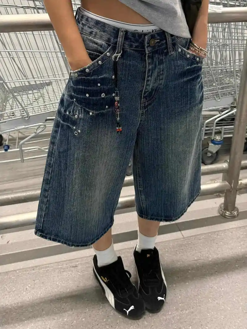 

Summer Women American Retro Jean Jorts Denim Shorts Y2K 2000s Boyfriend Punk Japanese Harajuku Cowboy Calf-Length Denim Pants