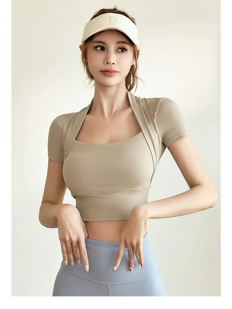 

Shawl Yoga Short Sleeve High Elastic Naked Skinny Yoga Clothing Top No Bra Fitness Clothing