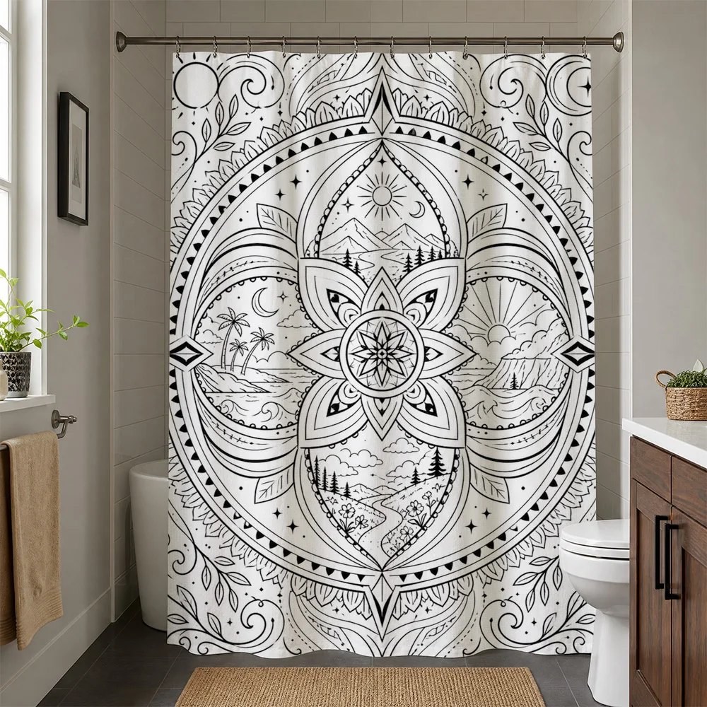 Bohemian Mandala Shower Curtain Black and White Line Art Bathroom Decor Boho Tropical Style Waterproof Shower Curtain