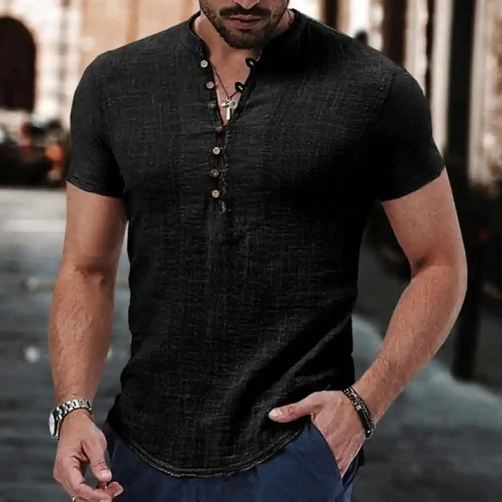 

2025 New Men's Short Sleeve V Neck Button Cotton Line T-Shirt Ice Sensation Sun Protection Thickened Autumn Tour Collar