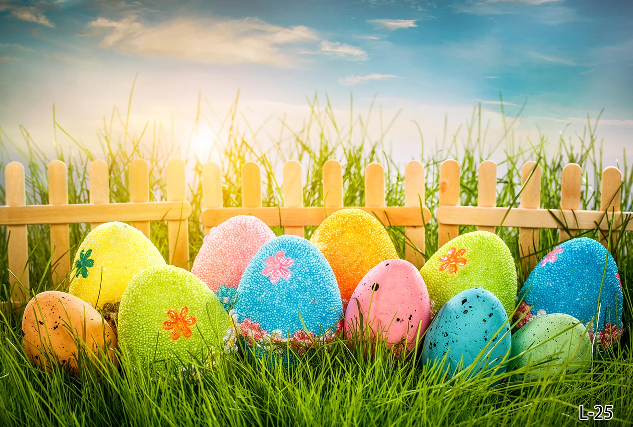 Spring Easter Floral Backdrop Pictures Bunny Colorful Eggs Fence Carrot Wall Decor Photography Background Rabbit Grassland Props