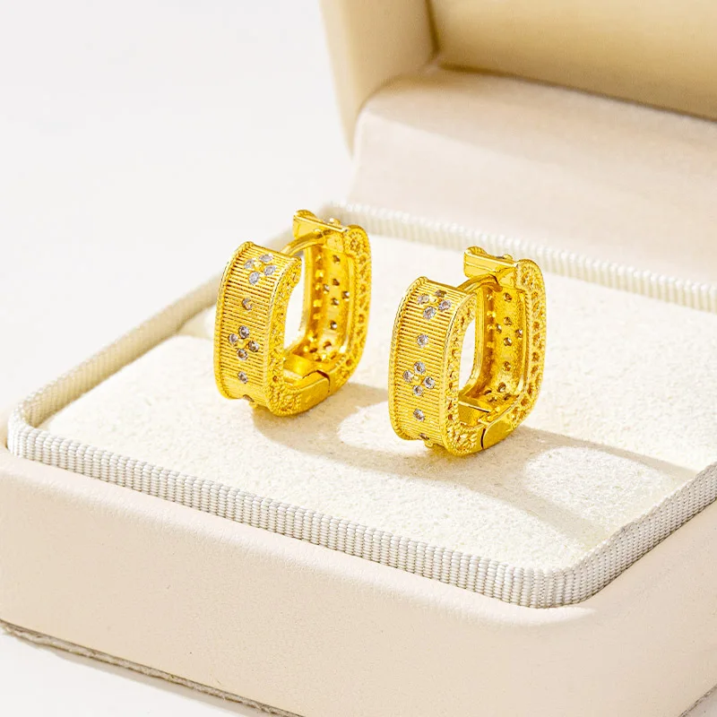 

Luxury 24K 9999 Pure Gold real gold Women's Square Wire-Buckle Stud Earrings