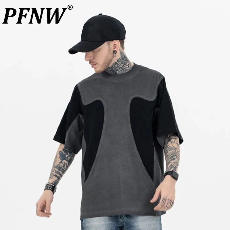 PFNW Male T-shirt American Simple Worn-out Embroidery Patchwork High Street Half Sleeve Loose Tops Summer 2025 Chic New 28W3969