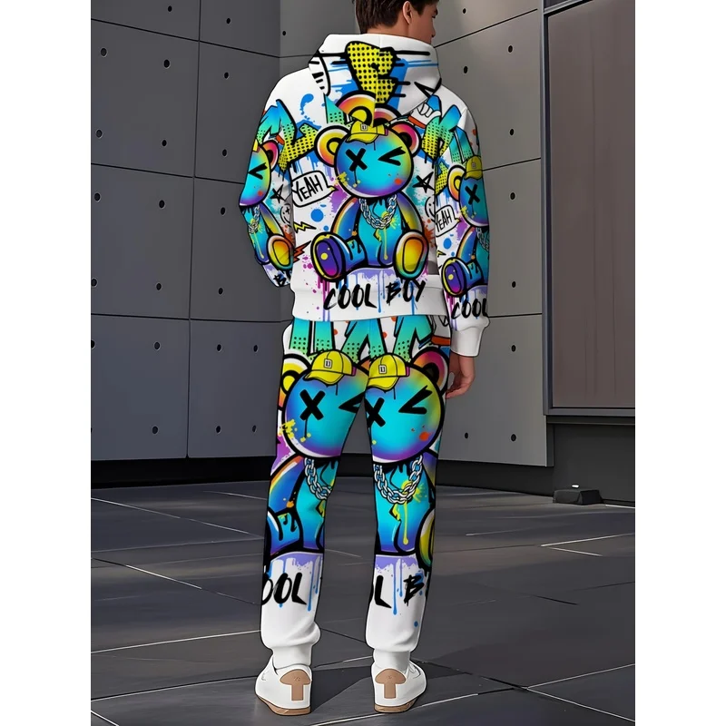 Autumn And Winter Animal Wolf Pattern Printed Long Sleeved Sportswear, Drawstring Pants, Men'S And Women'S Couple Hoodie Set - view 2